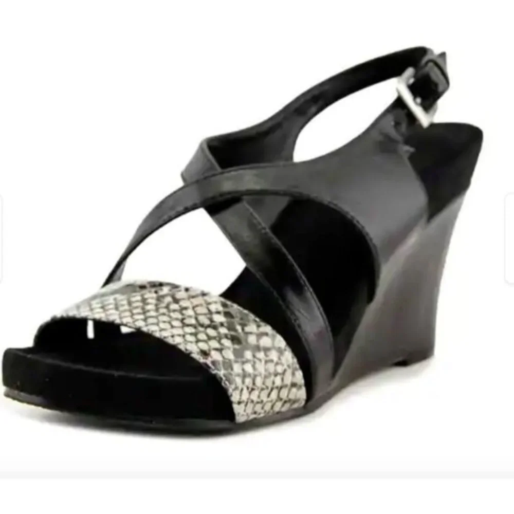 Aerosoles Plushed Together Open Toe Synthetic Black Snake Wedge Shoes Sz.8.5
